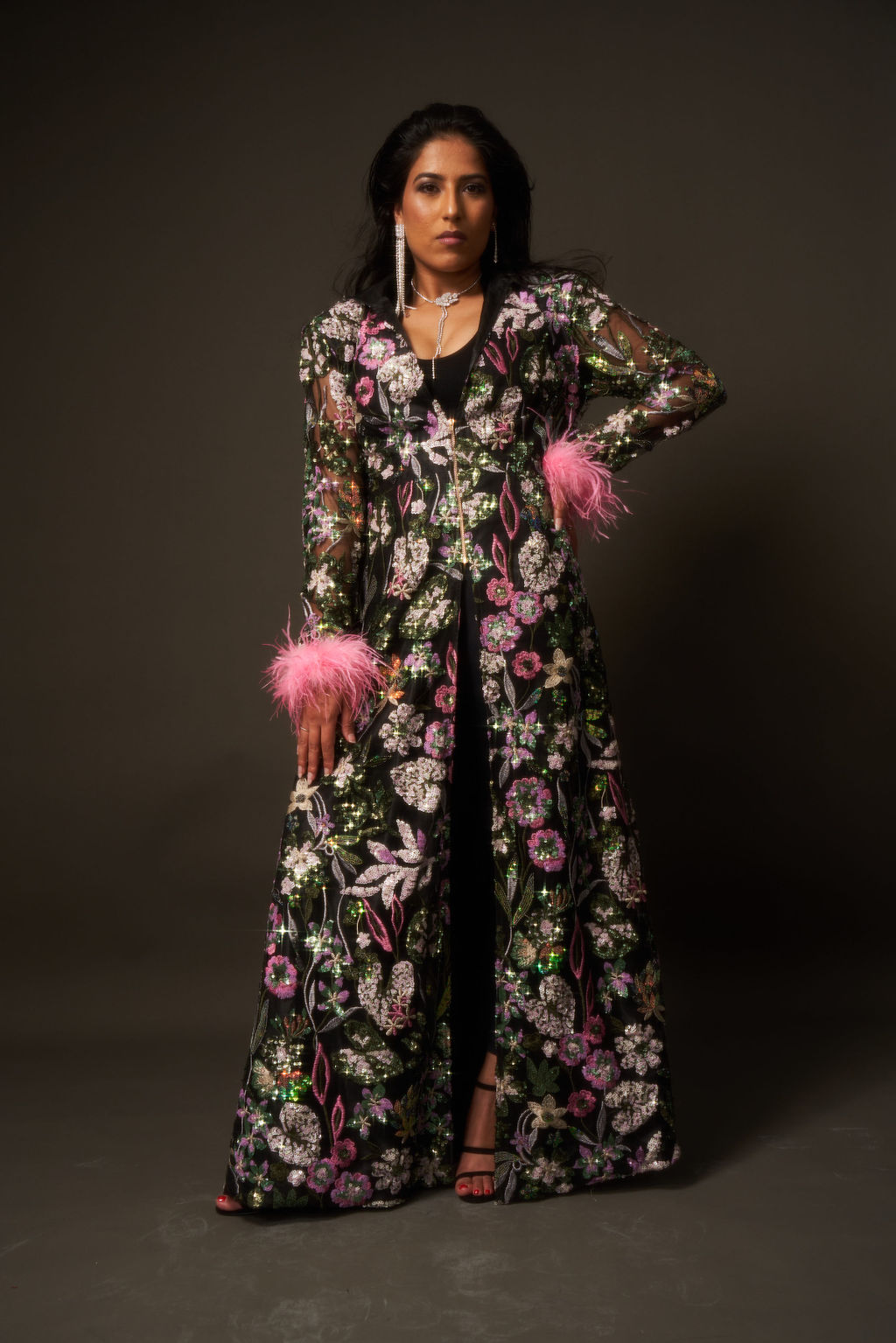 Enchanted Powerful Cape in Sequin Multicolor with Pink Feathers