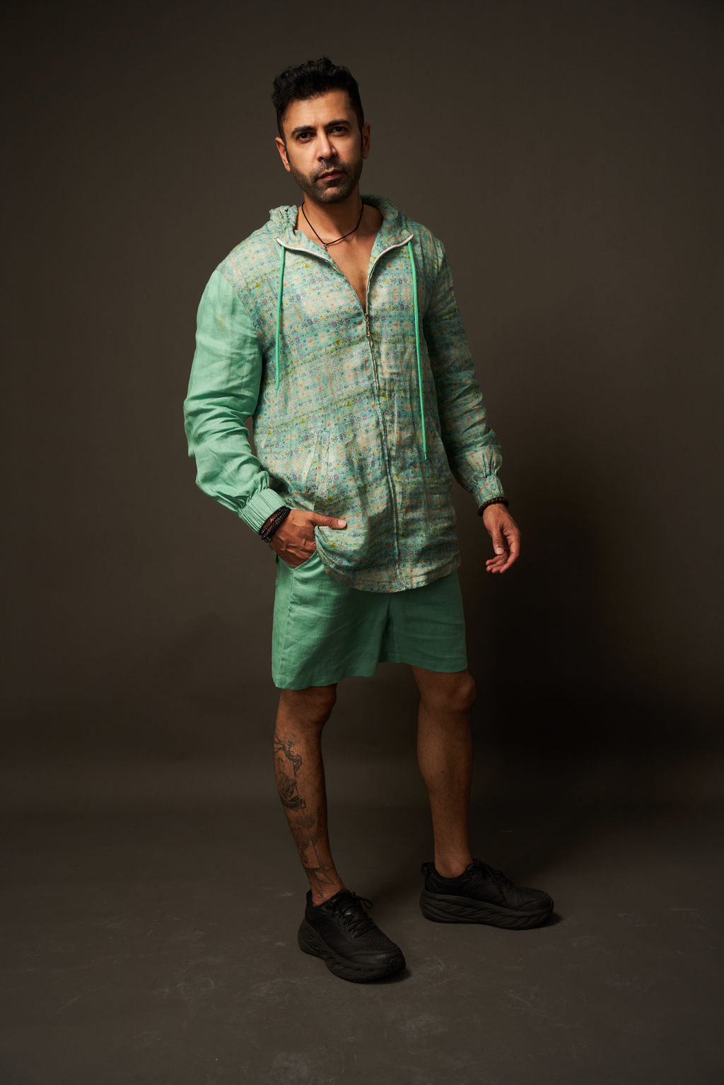Hoodie Kurta with Zip in Teal Set with Shorts