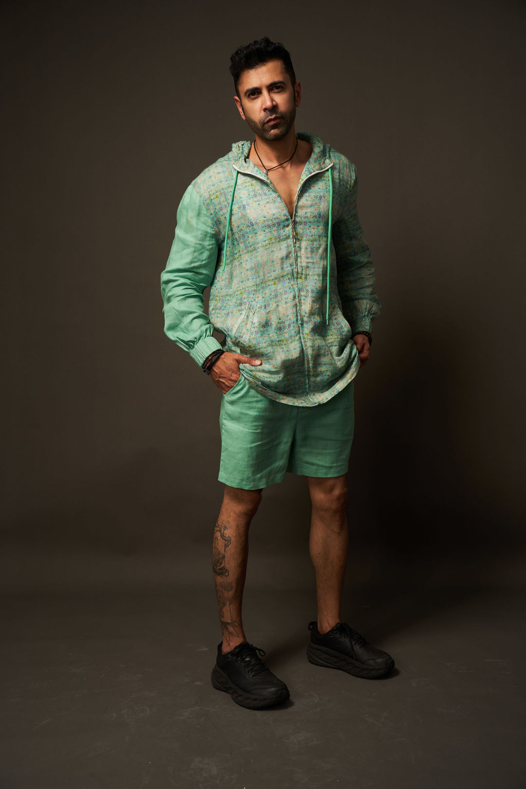 Hoodie Kurta with Zip in Teal Set with Shorts