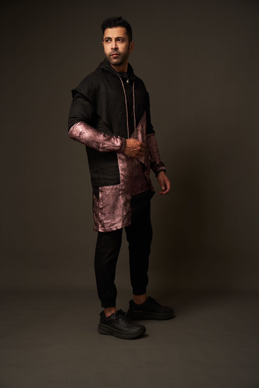 Hoodie Shervani Set in Black & Pink Metallic Color