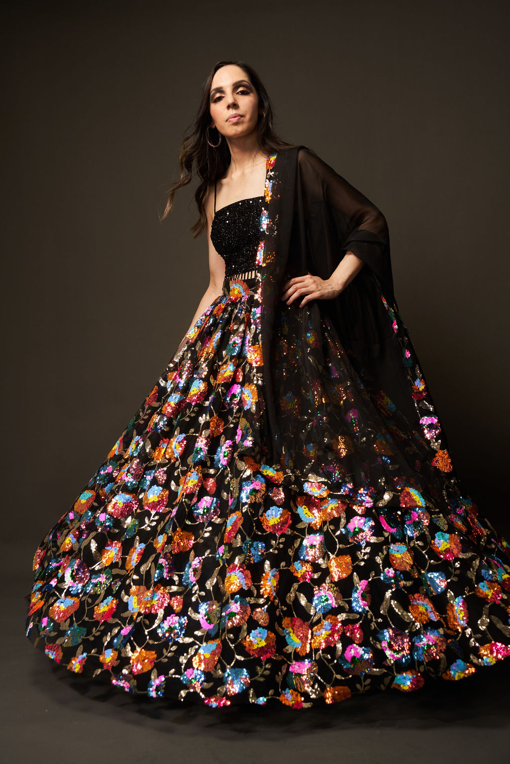 Lehenga Set with Bomber Jacket and Dupatta in Multicolor Sequin